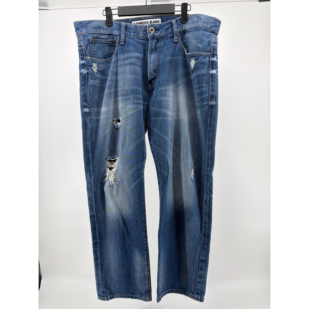 Express Rocco Slim Fit Straight Jeans, Blue Denim Dark Wash Distressed, 36x30